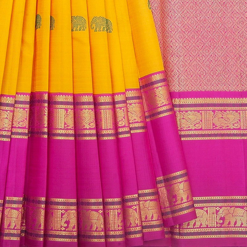 Hayagrivas Handloom Manjal Kanjivaram Silk Saree with Magenta-Pink Border KBF247E9-1