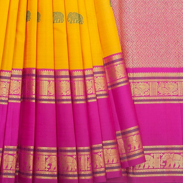 Hayagrivas Handloom Manjal Kanjivaram Silk Saree with Magenta-Pink Border KBF247E9-1