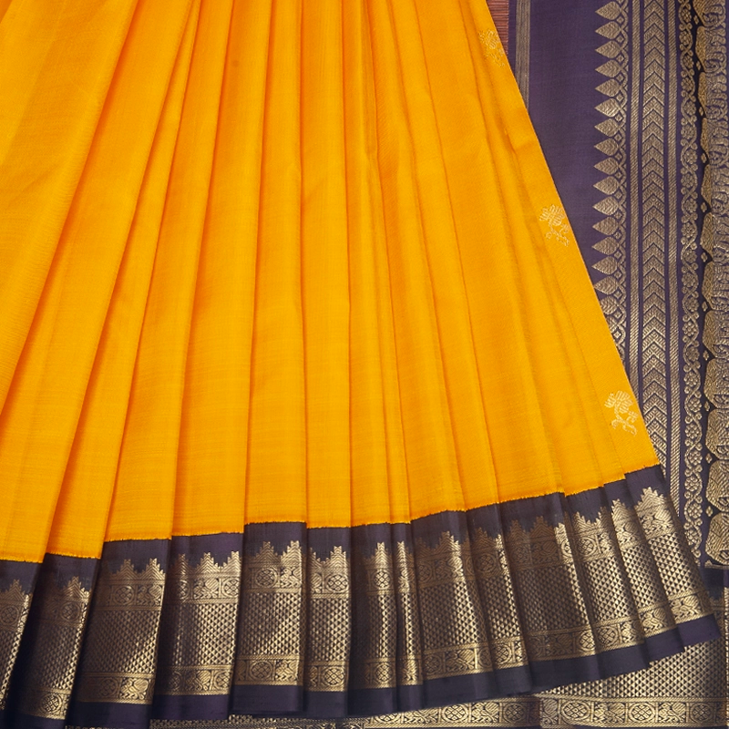 Hayagrivas Handloom Mambazham Orange Kanjivaram Silk Saree with Navy Blue Border KBF246E2-5